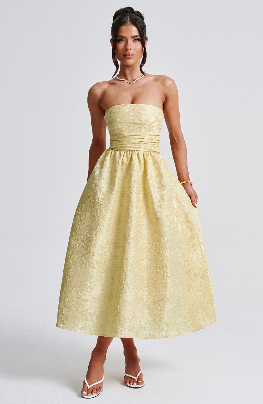 Robe midi bustier en jacquard floral citron