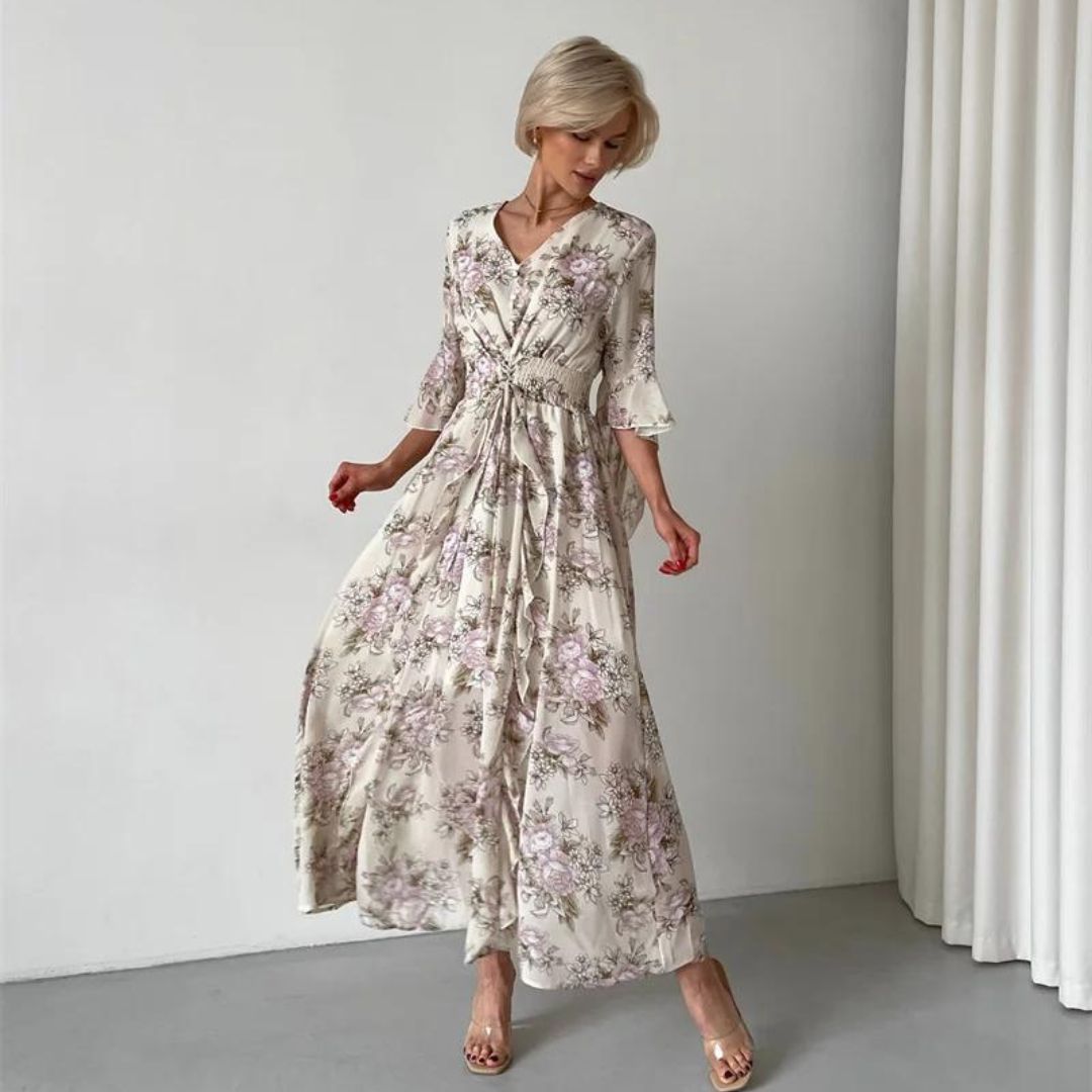 Pauline Laurent® | Robe midi florale avec décolleté en V
