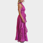 Robe longue élégante à col licou avec volants pour femme