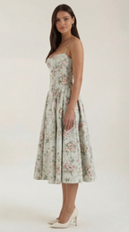 Robe mi-longue corset florale pour femme avec décolleté en cœur