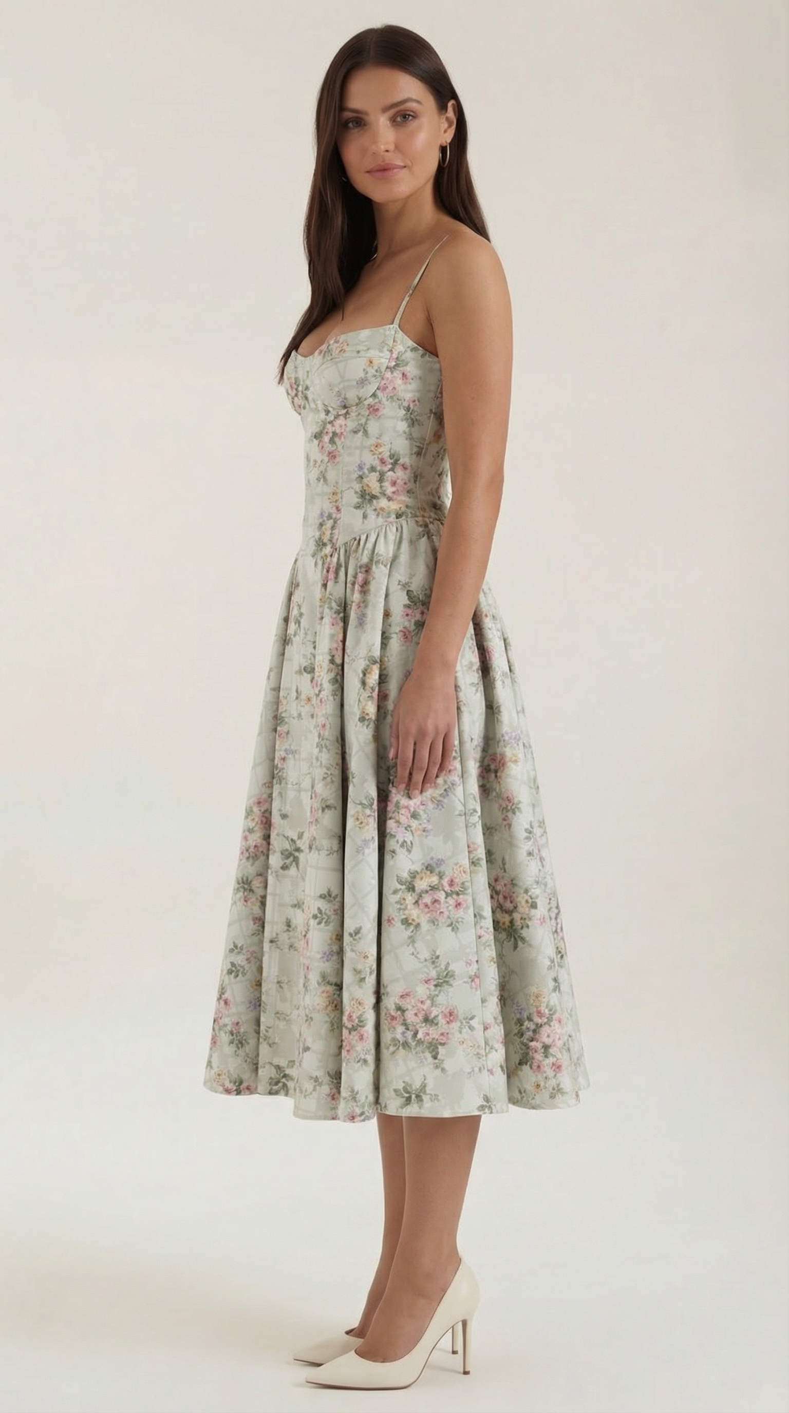 Robe mi-longue corset florale pour femme avec décolleté en cœur