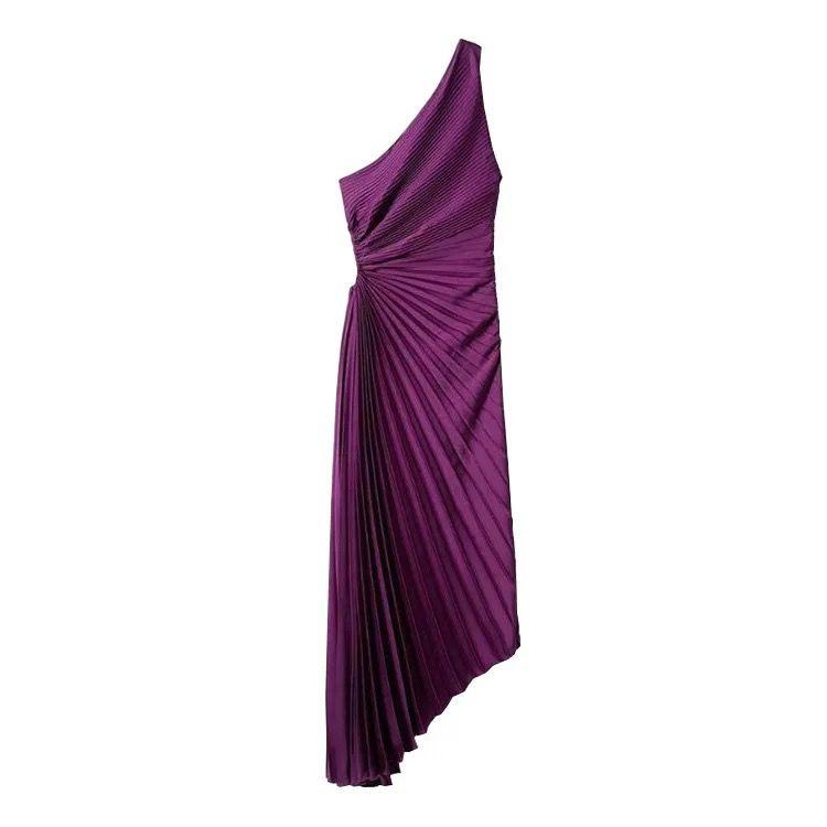 Robe midi plissée asymétrique à une épaule