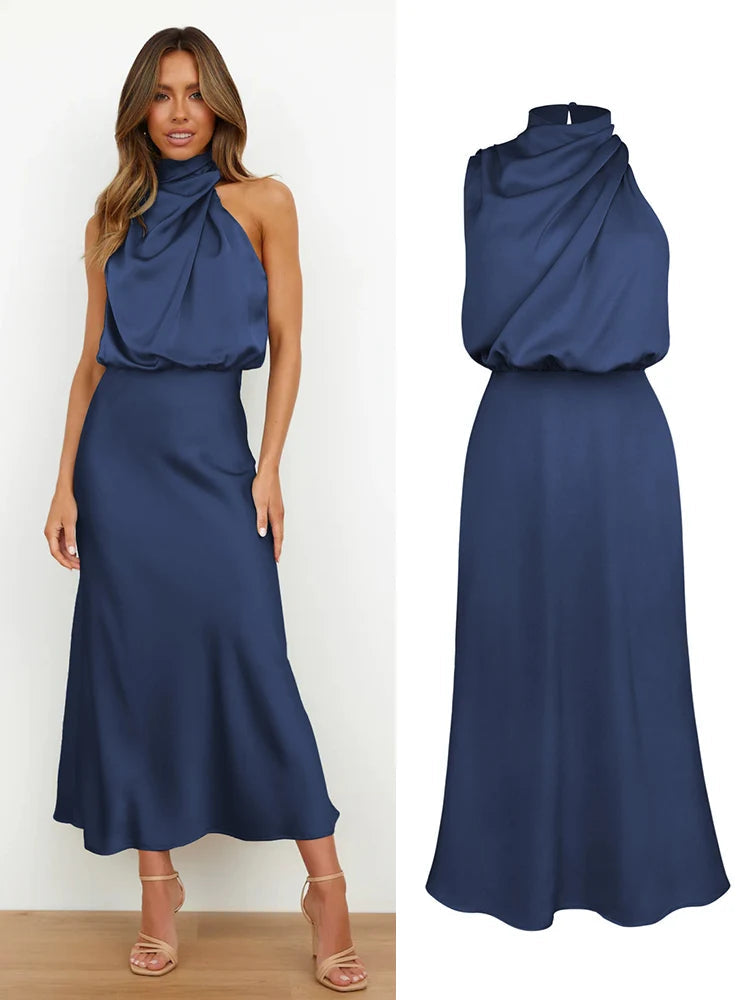 Robe midi en satin pour femme à encolure asymétrique
