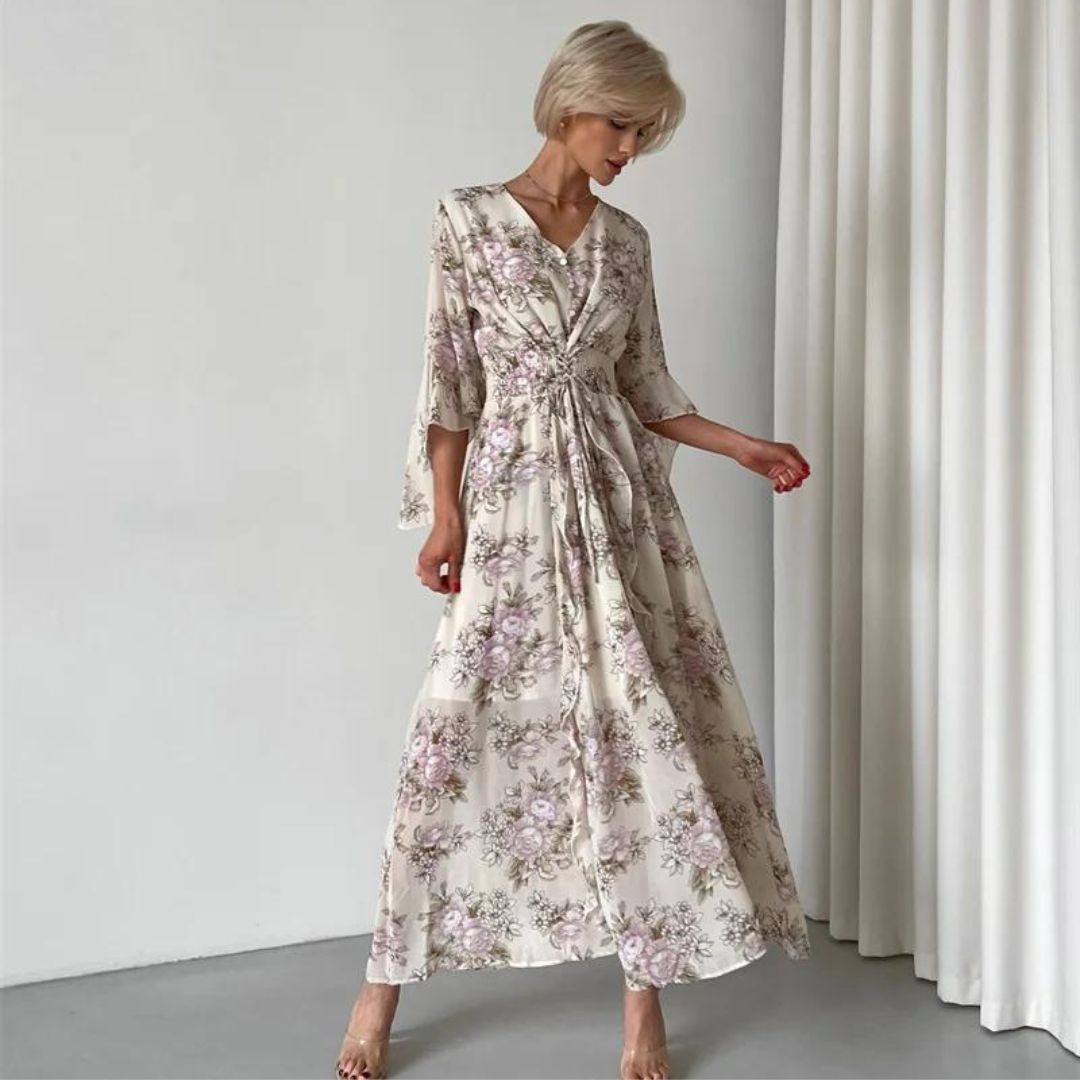 Pauline Laurent® | Robe midi florale avec décolleté en V