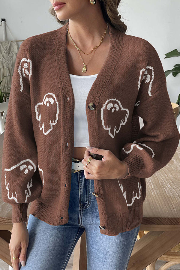 Pull en tricot confortable d'Halloween avec fantôme et boutons devant