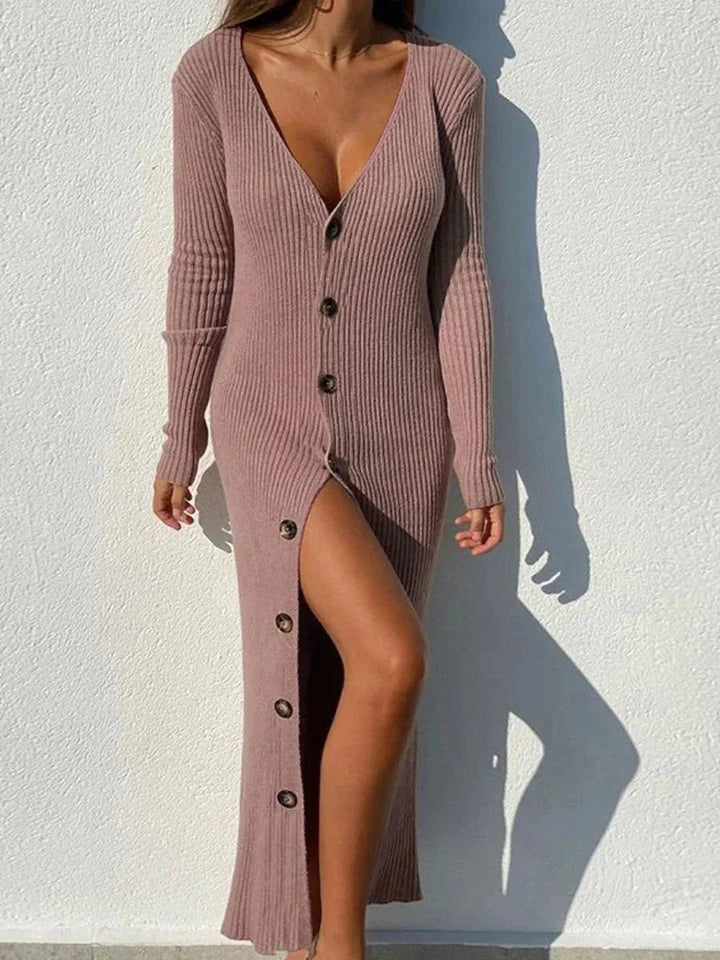 Robe Longue Tricotée Confortable avec Encolure Plongeante Boutonnée