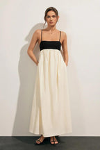 Robe midi ample en mélange lin et coton noir et blanc