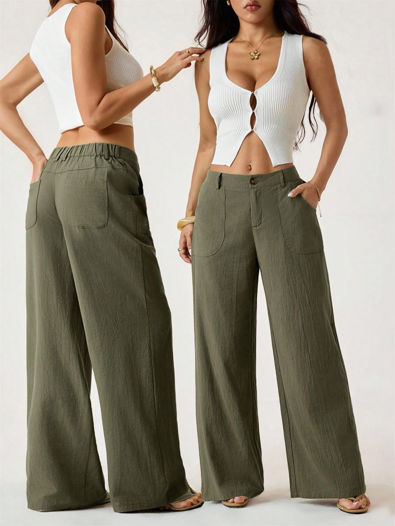 Pantalon taille haute large en mélange coton lin