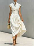 Robe Midi Structurée avec Col Haut et Ourlet Plissé