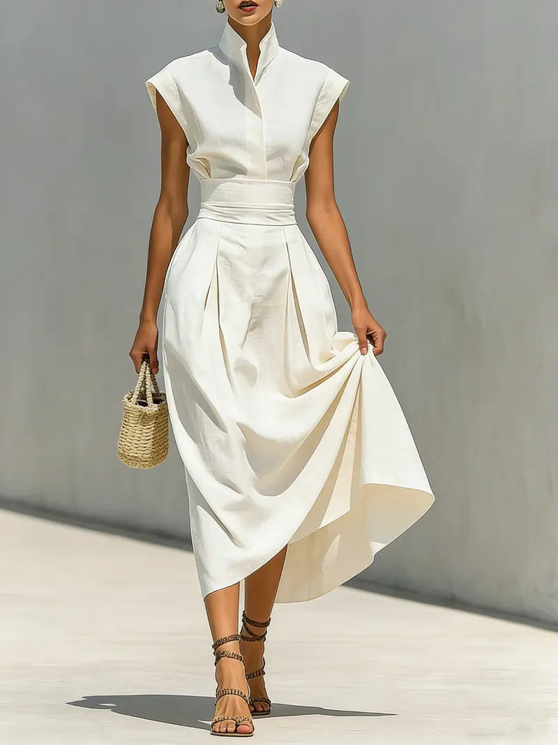 Robe Midi Structurée avec Col Haut et Ourlet Plissé