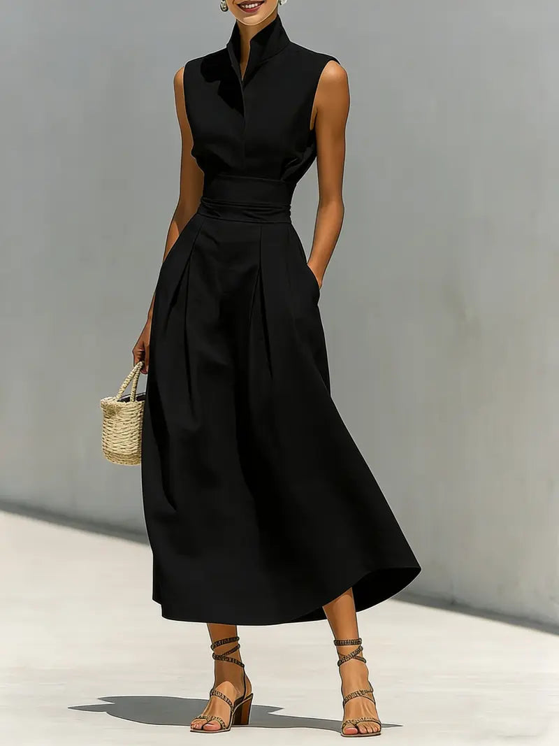 Robe Midi Structurée avec Col Haut et Ourlet Plissé