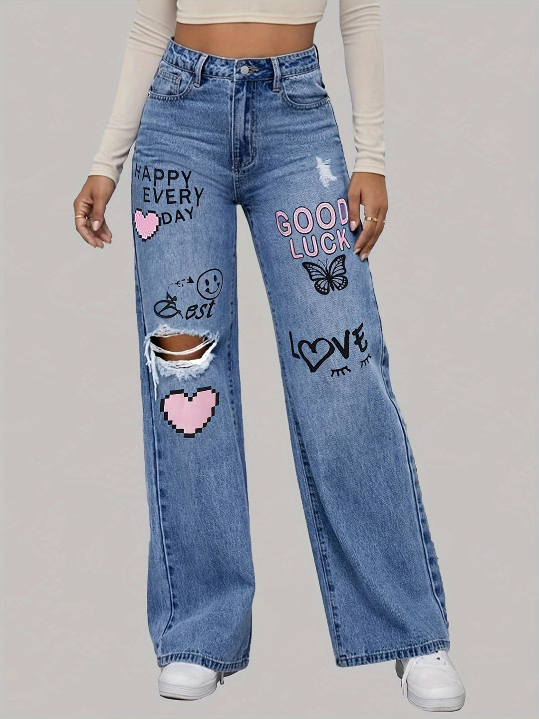 Jean en denim à taille haute et jambes larges avec imprimé graphique