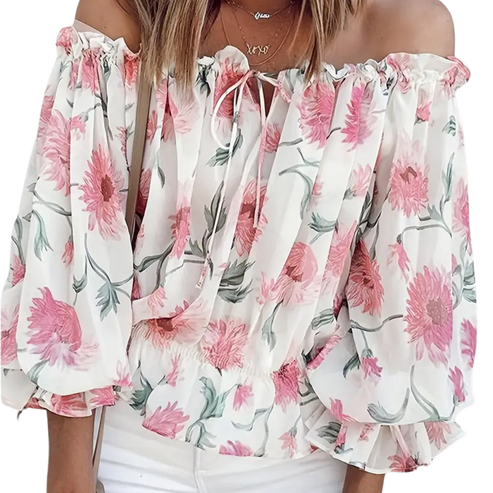 Blouse Carmen fleurie à épaules dénudées avec manches bouffantes