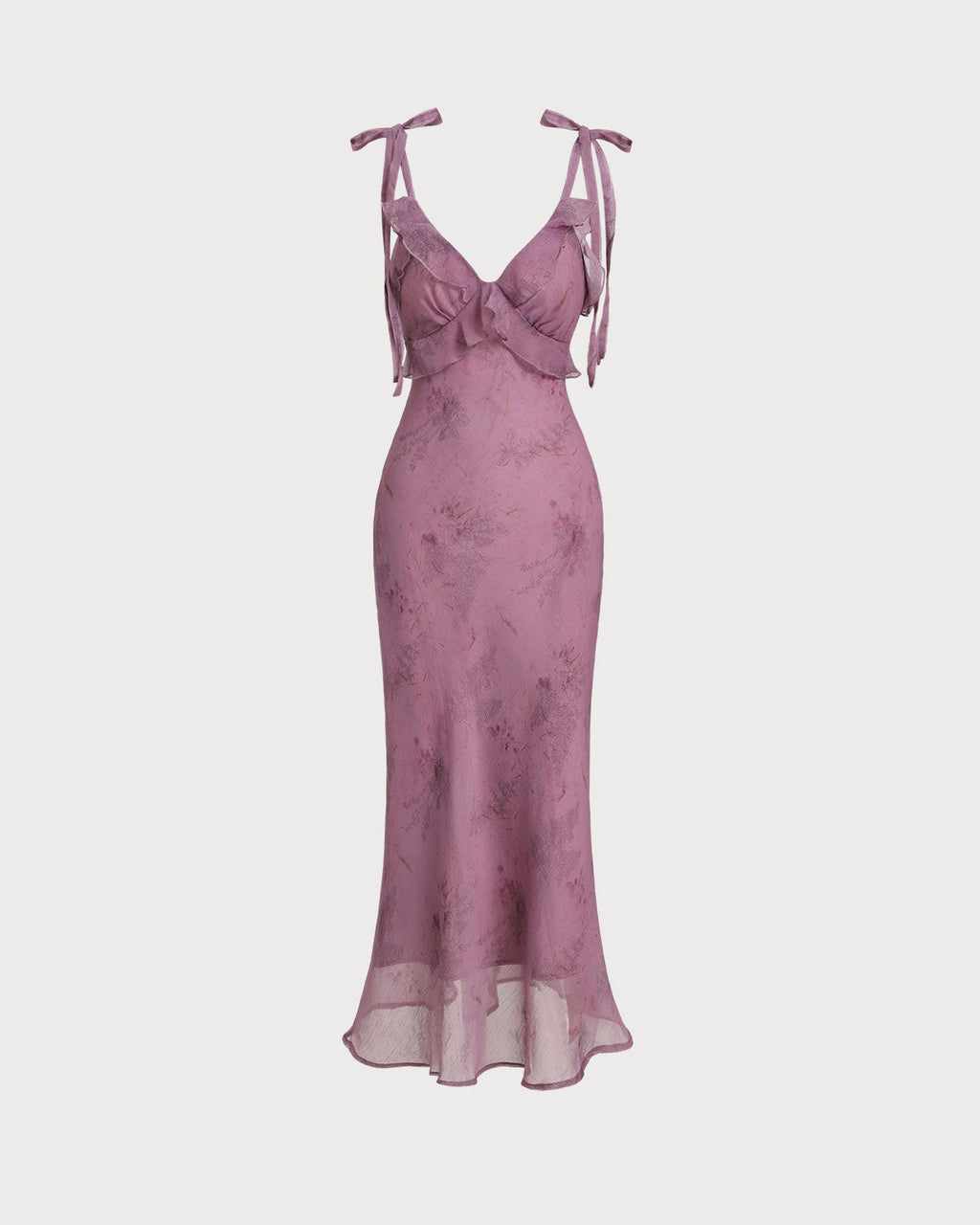 Robe midi violette à fleurs avec volants et bretelles à nouer