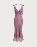 Robe midi violette à fleurs avec volants et bretelles à nouer