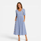 Robe Midi Rayée pour Femme avec Boutons et Poches