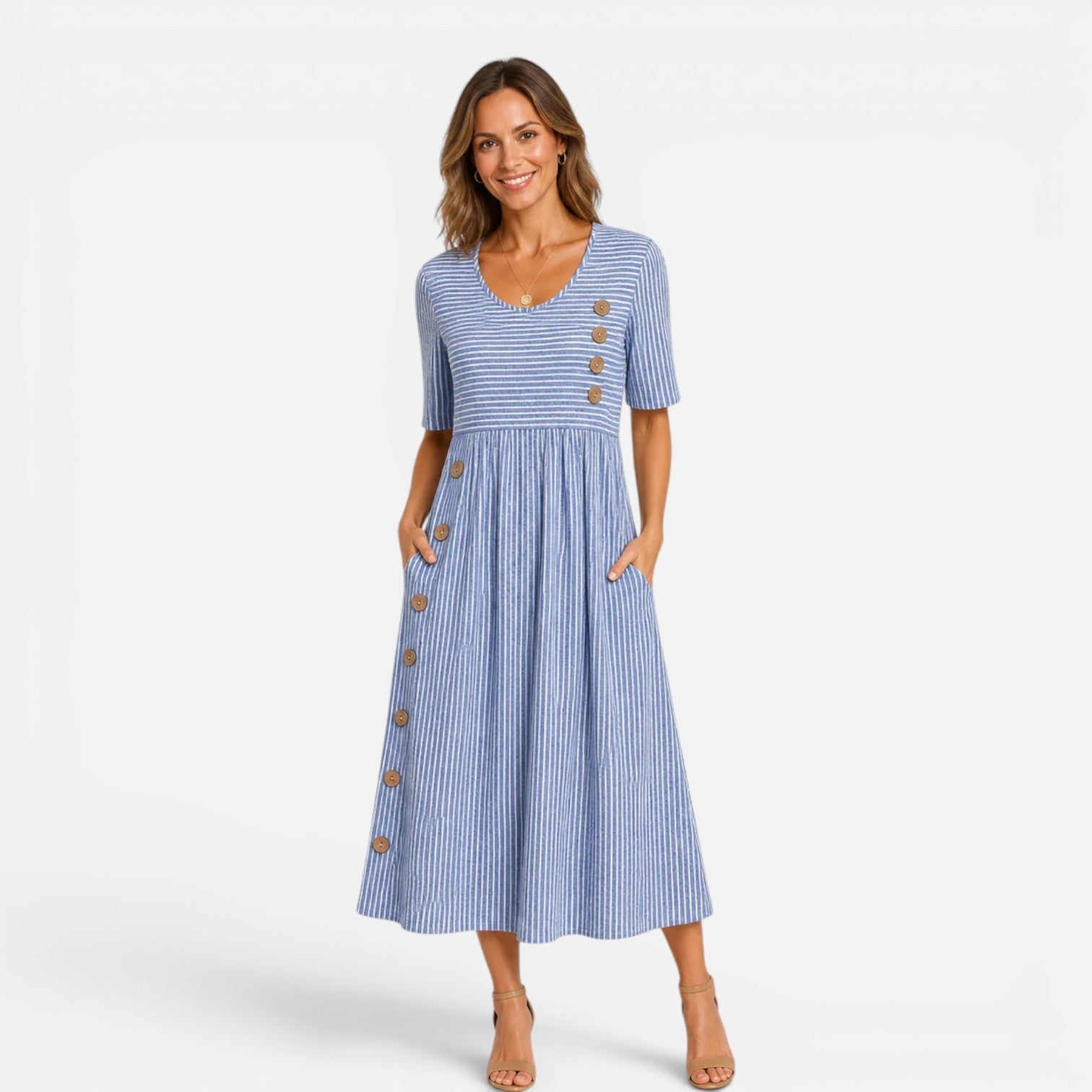 Robe Midi Rayée pour Femme avec Boutons et Poches