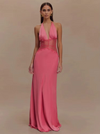 Robe Maxi Dos Nu à Panneaux en Dentelle et Col Halter