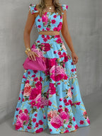 Ensemble bustier volanté floral et jupe longue évasée
