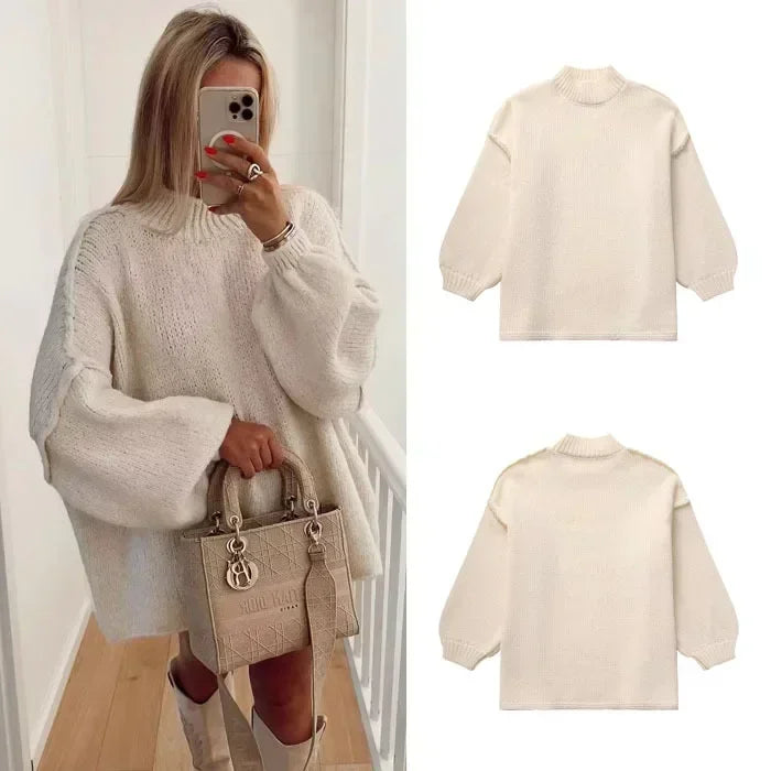 Pull en tricot confortable à col roulé avec manches bouffantes tendance