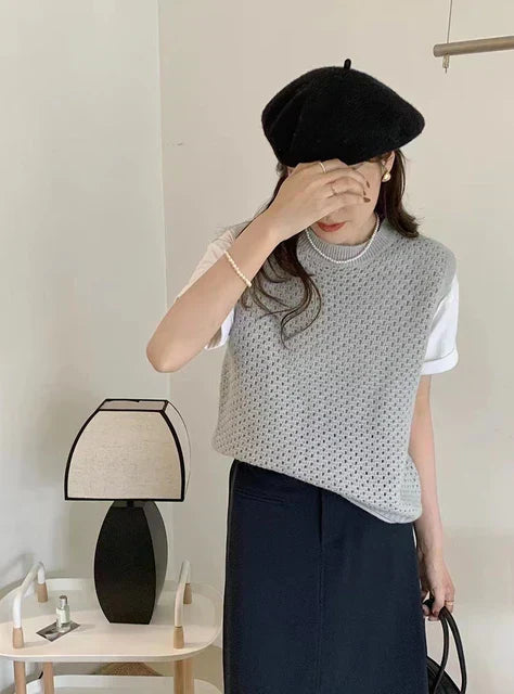 Pull sans manches en tricot pour femme, léger et ample