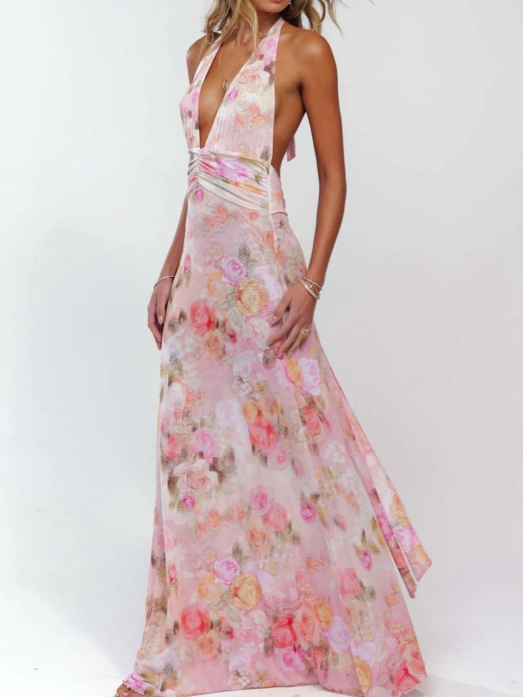 Robe longue froncée à col halter imprimé floral