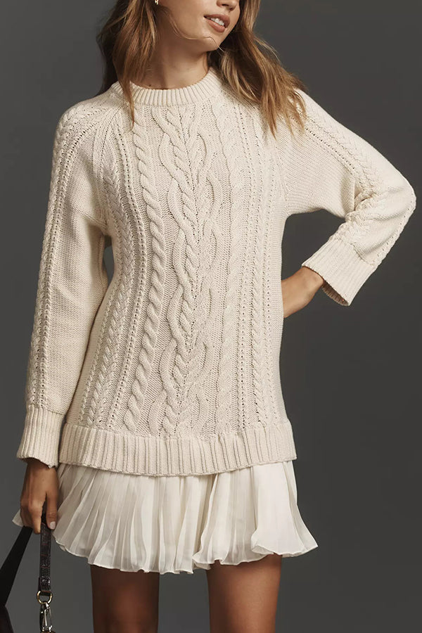 Robe Mini Pull en Maille Côtelée avec Ourlet en Chiffon Plissé