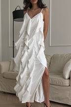 Robe maxi femme à volants avec col V et fines bretelles vue de face