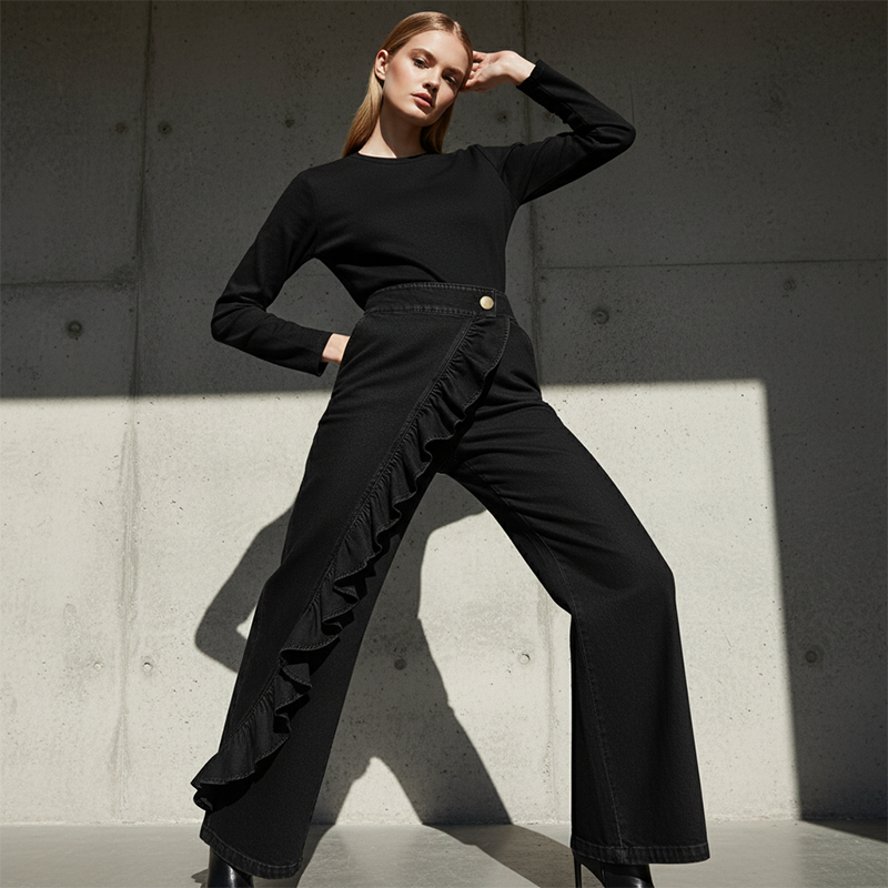 Jean large asymétrique avec volants