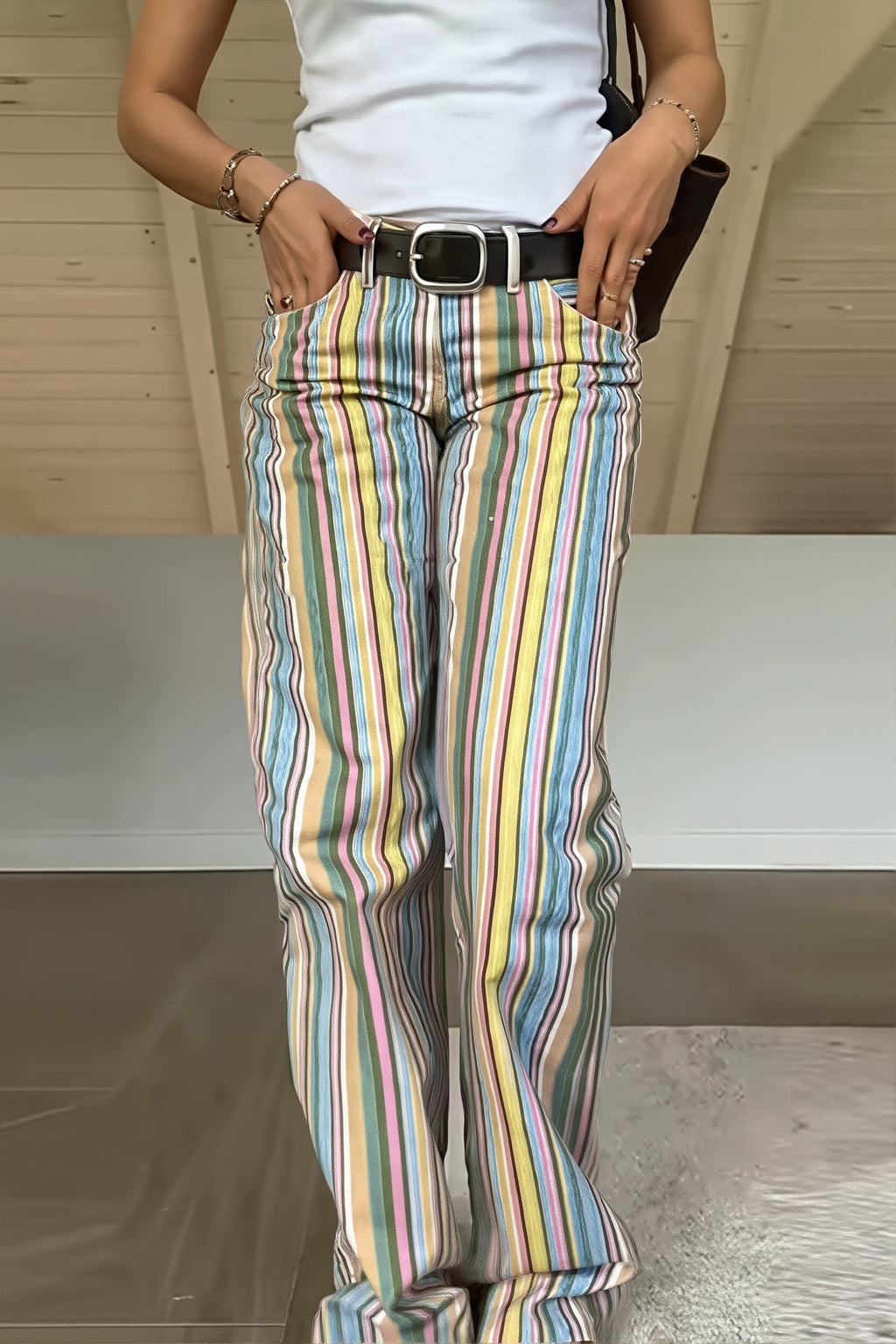 Jean Droit Color Block Taille Basse Femme