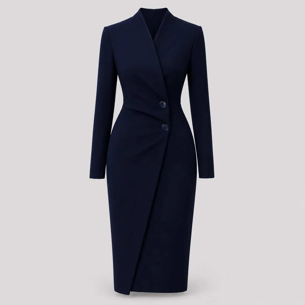 Robe midi portefeuille à manches longues ajustée pour femme avec col en V