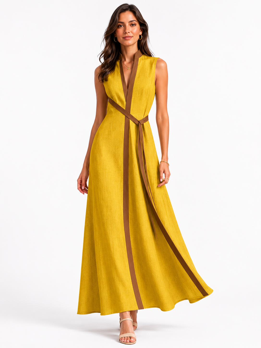 Robe midi sans manches pour femme avec col montant coupe décontractée