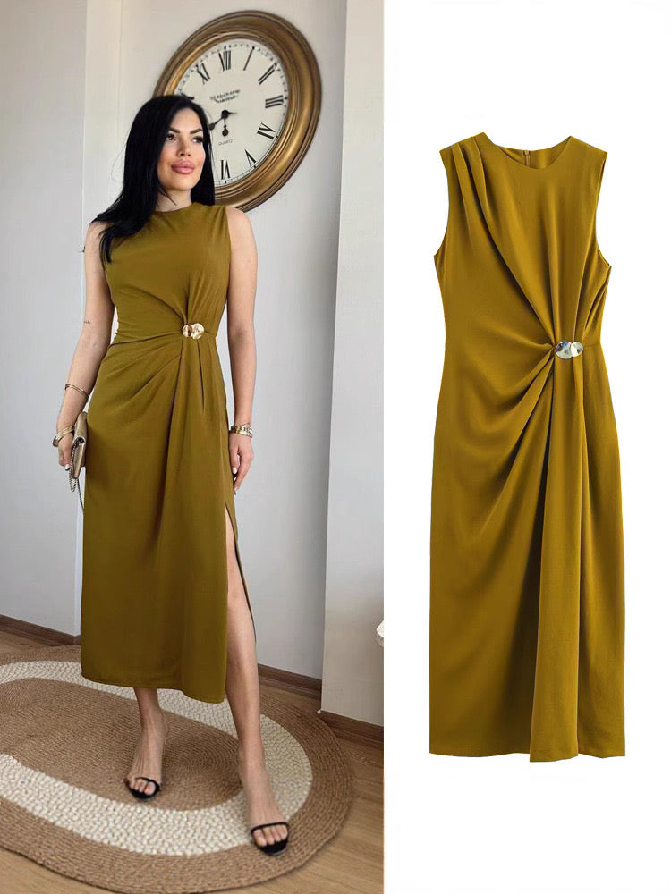 Robe maxi fendue sans manches en mélange de polyester olive