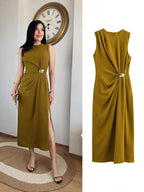 Robe maxi fendue sans manches en mélange de polyester olive
