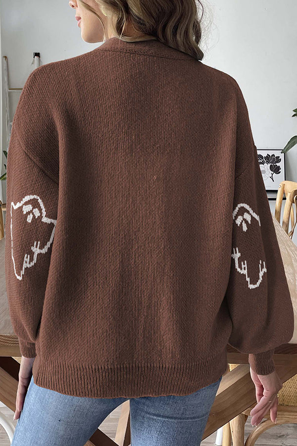 Pull en tricot confortable d'Halloween avec fantôme et boutons devant