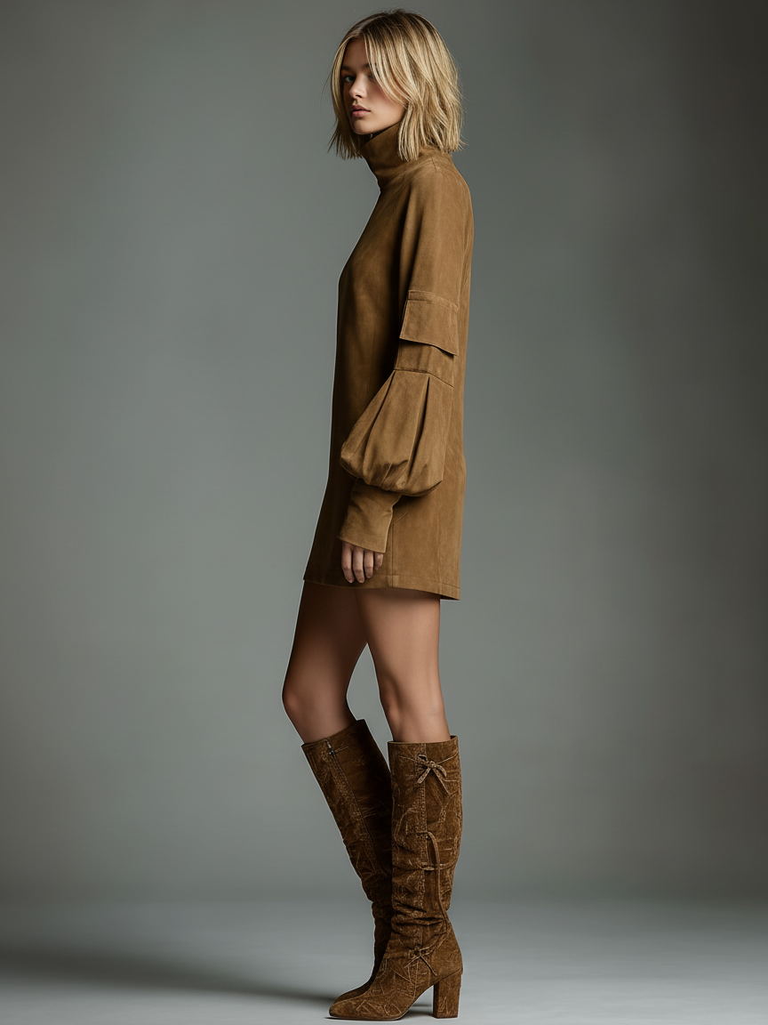 Robe mini vintage en daim à col roulé – Style chic sans effort