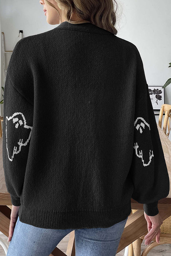 Pull en tricot confortable d'Halloween avec fantôme et boutons devant