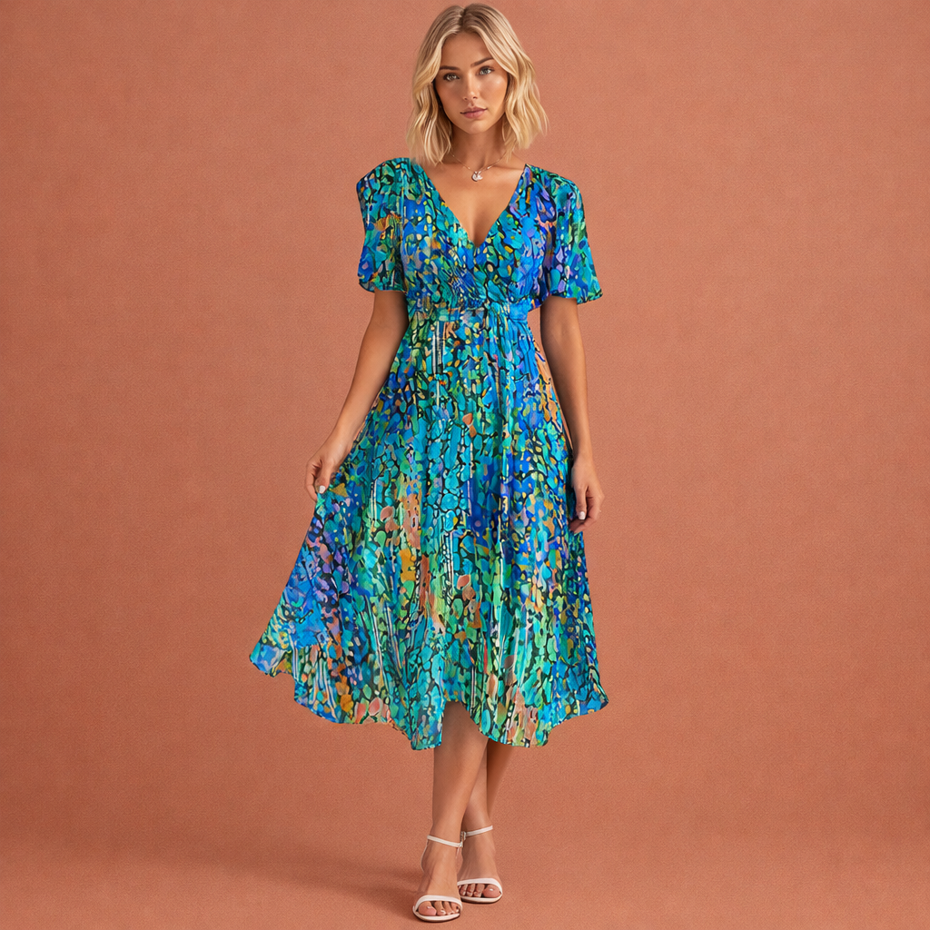 Robe midi à imprimé floral avec manches courtes pour femmes