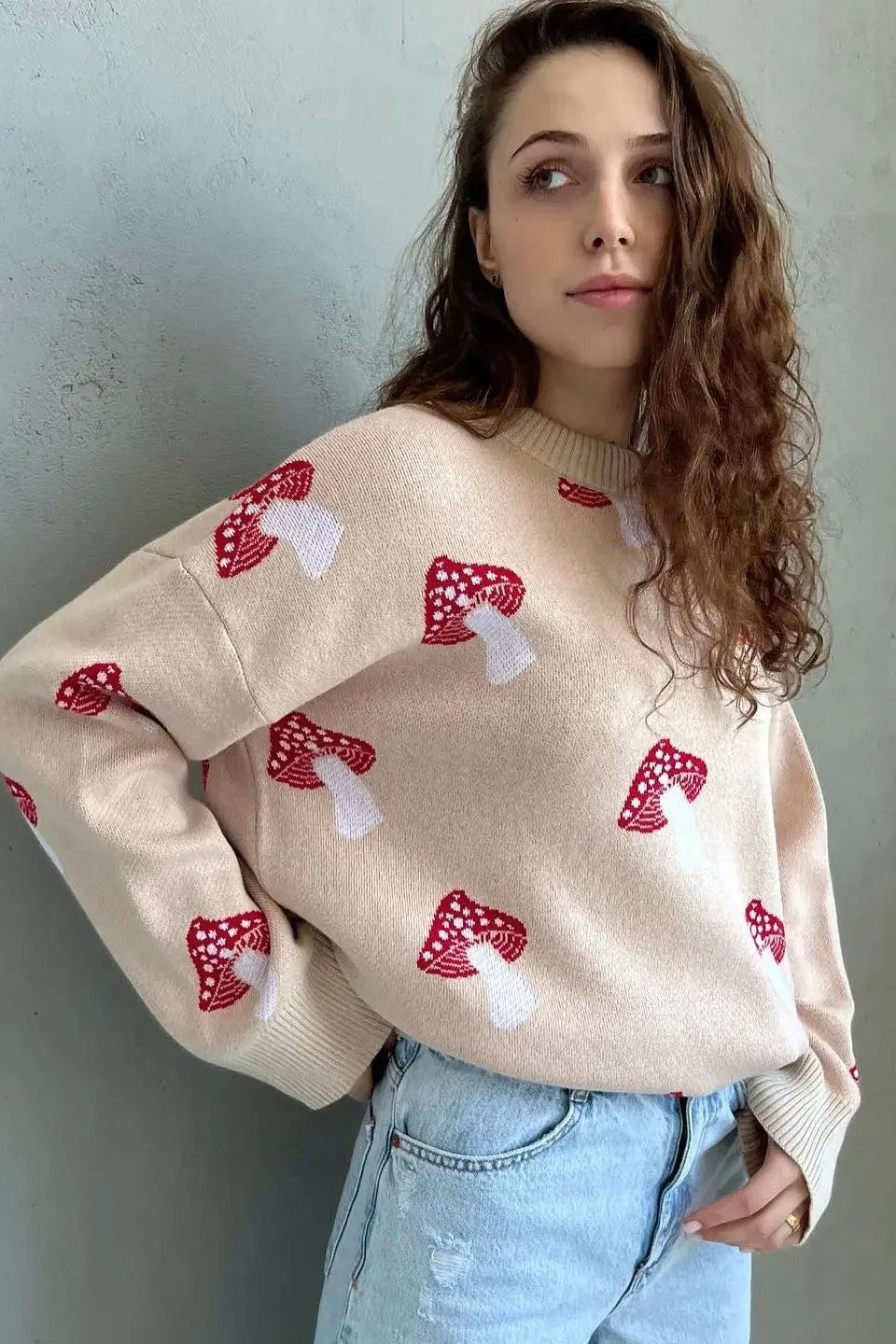 Pull en maille jacquard champignon confortable