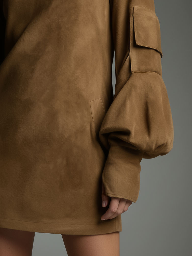 Robe mini vintage en daim à col roulé – Style chic sans effort
