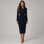 Robe midi portefeuille à manches longues ajustée pour femme avec col en V
