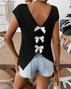 T-shirt femme uni manches courtes avec détail nœud au dos
