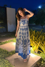 Robe midi bleu en polyester à bretelles spaghetti