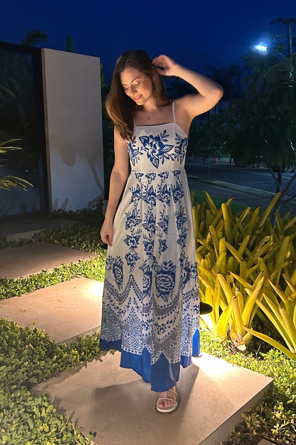 Robe midi bleu en polyester à bretelles spaghetti