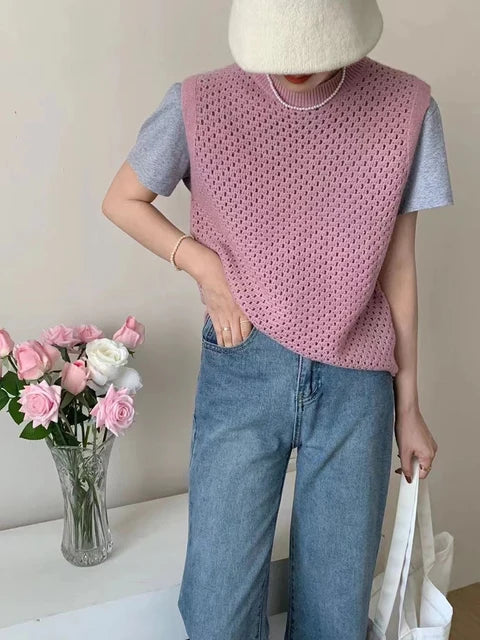 Pull sans manches en tricot pour femme, léger et ample