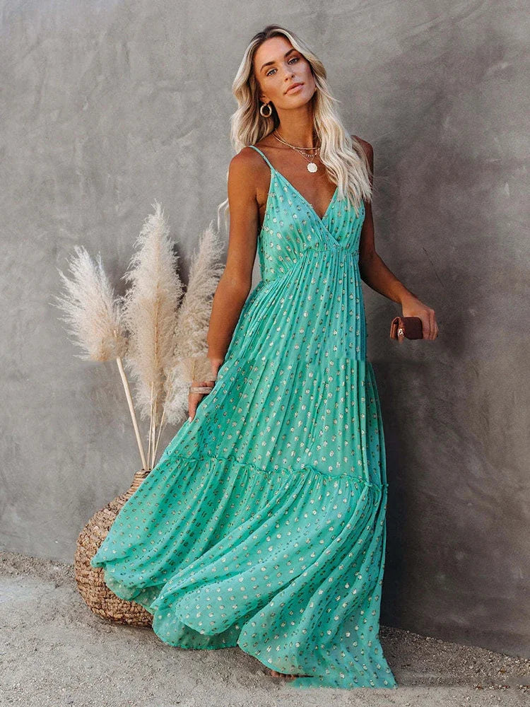Robe Maxi d'Été Verte Style Bohème Chic