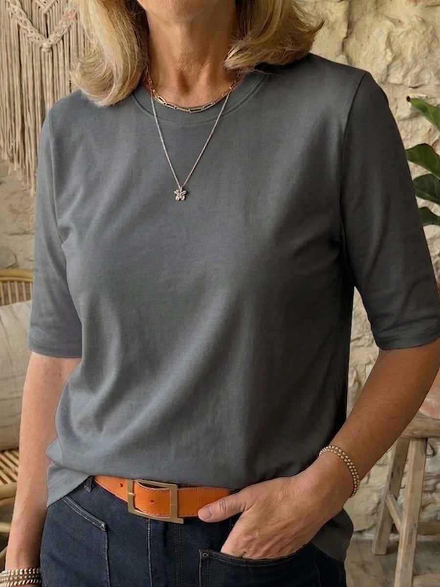 T-shirt côtelé minimaliste en coton à manches mi-longues confortable