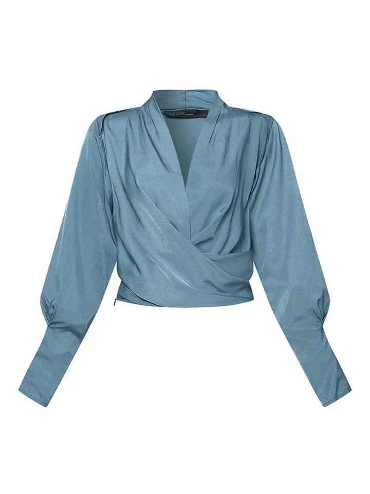 Blouse Chic à Manches Bouffantes et Col V pour un Style Quotidien Élégant