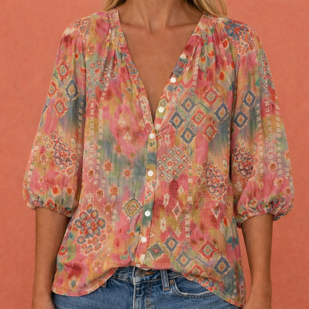 Blouse boutonnée imprimée à col en V pour femmes