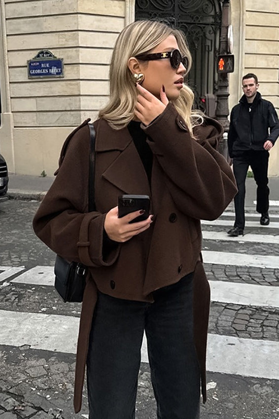 Manteau croisé classique en mélange de laine marron